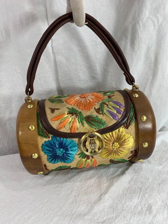 Genuine vintage wood barrel bag with raffia embroi