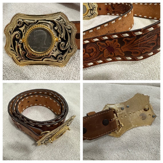 Vintage Kennedy Half Dollar Buckle Tan Wrangler Leather Belt