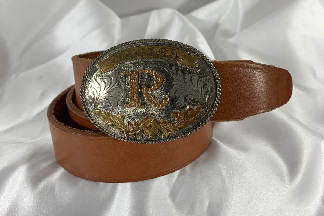 Brand R R On Belt Vintage SANDRA Initial R Belt Buckle and Natural Tan Leather Belt Size ...