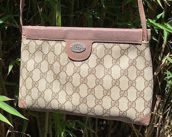 Genuine vintage GUCCI brown signature leather and canvas crossbody bag purse