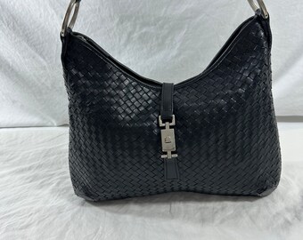 Genuine COSCI black leather woven hobo shoulder bag purse