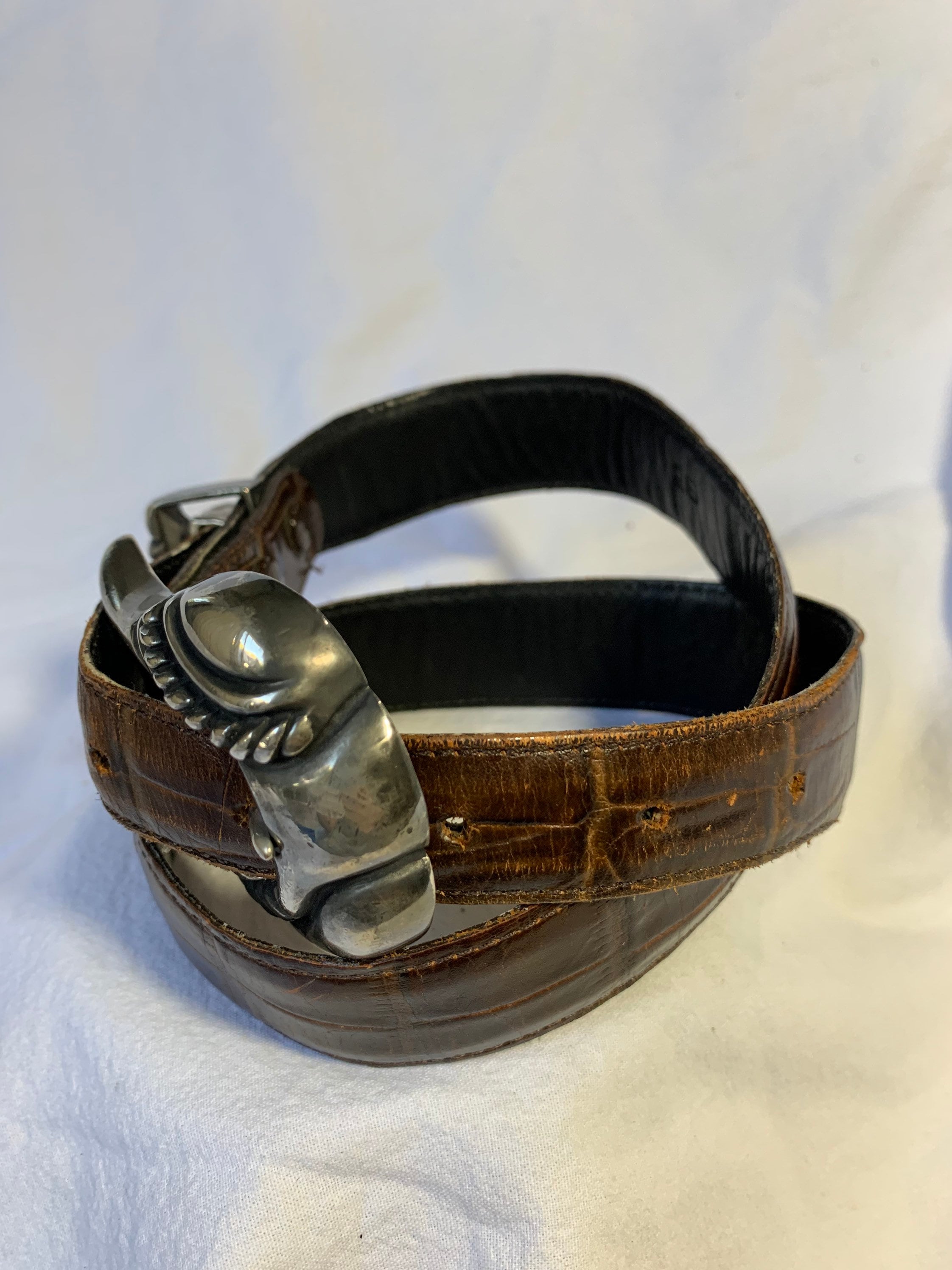 Vicenza Italian Calfskin Belt Tan Croc Embossed Gold Art Deco Buckle Milou Belt in Black Croc Embossed/Gold | L main image 2