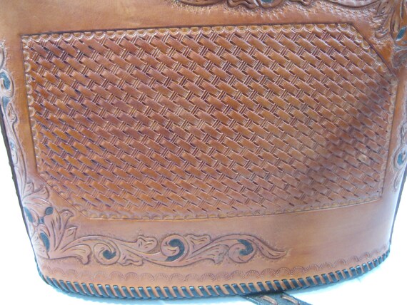 Vintage tan leather tooled stitched structured sh… - image 6