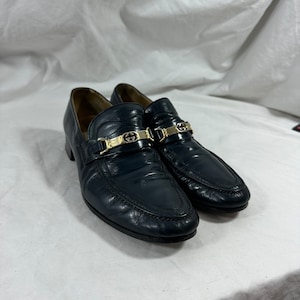COPY - Men’s Gucci Loafers Size 10-Navy Blue Authentic Gucci Web Bamboo Horsebit Navy Blue Leather Men  main image 3