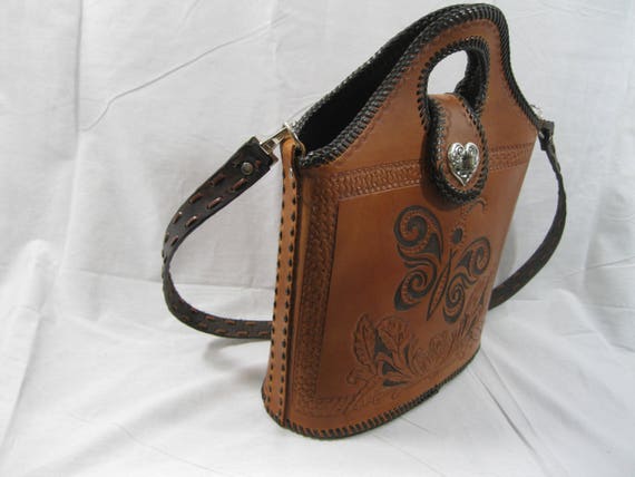 Vintage tan leather tooled stitched structured sh… - image 3