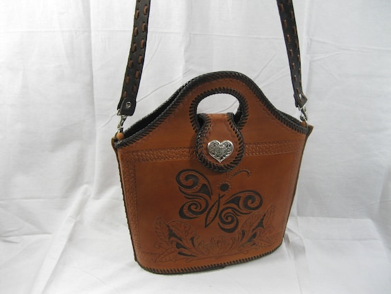 Vintage tan leather tooled stitched structured sh… - image 2