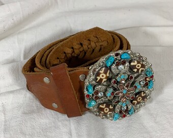 Leatherock woven, jeweled belt. Vintage. Stunning! Vintage Leatherock USA Jeweled Turquoise Woven Black Leather  main image 3
