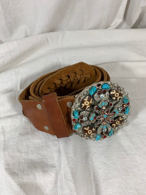 Leatherock Turquoise Genuine Leather Belt Embellished USA Leatherock Embellished Belt Buckle Blue Turquoise Genuine  main image 4