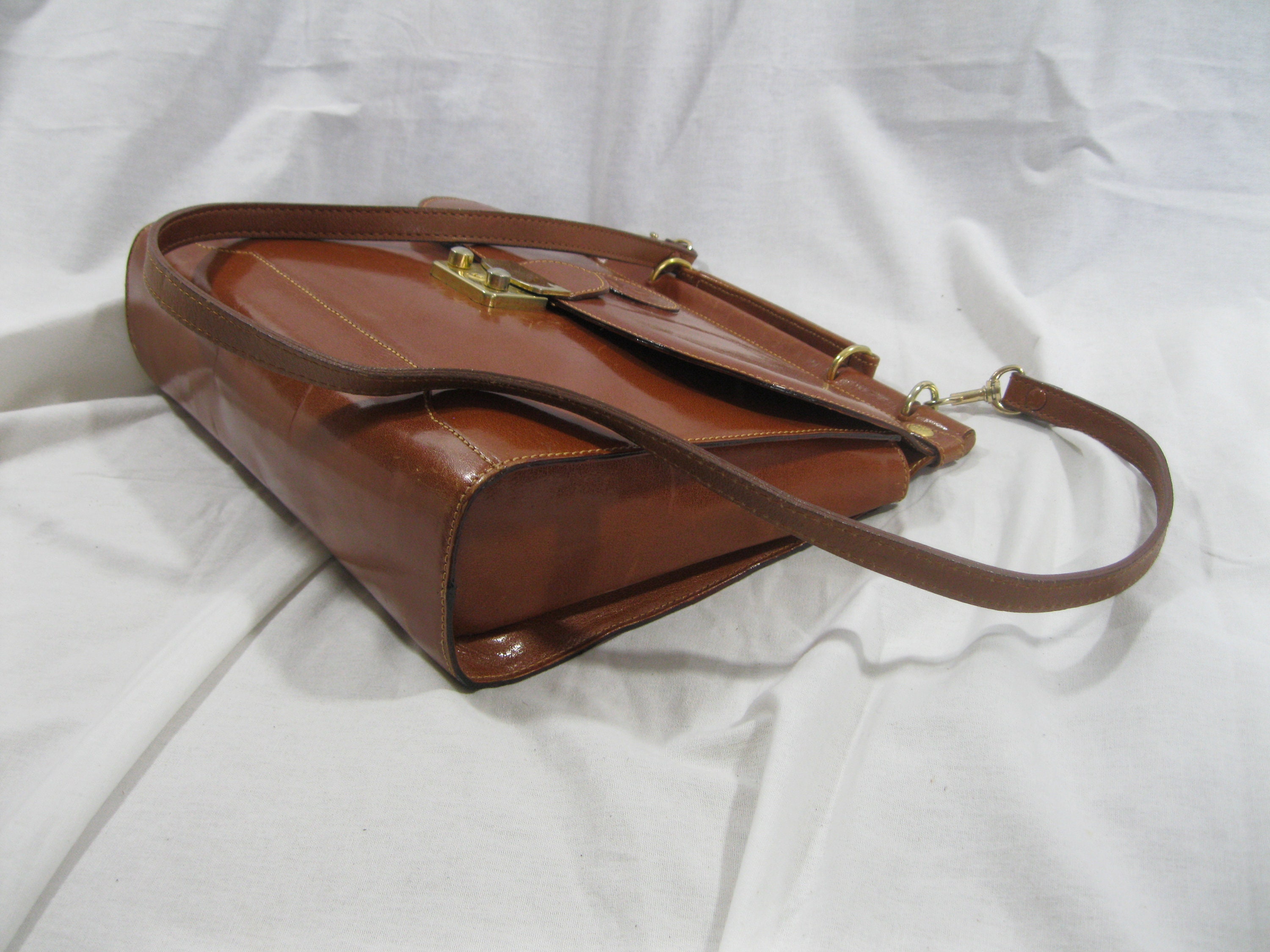 Vintage JUSINA Tan Leather Messenger Bag With Top Handle