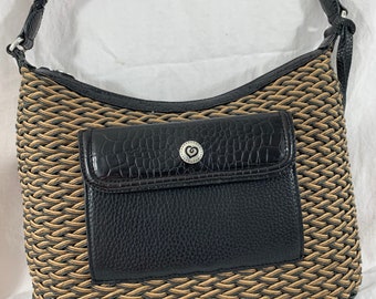 Vintage genuine BRIGHTON woven raffia straw and leather trim shoulder bag with charm