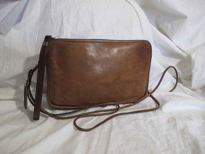 Genuine vintage COACH tan leather Leatherware top zip clutch shoulder bag 80s NYC image 1