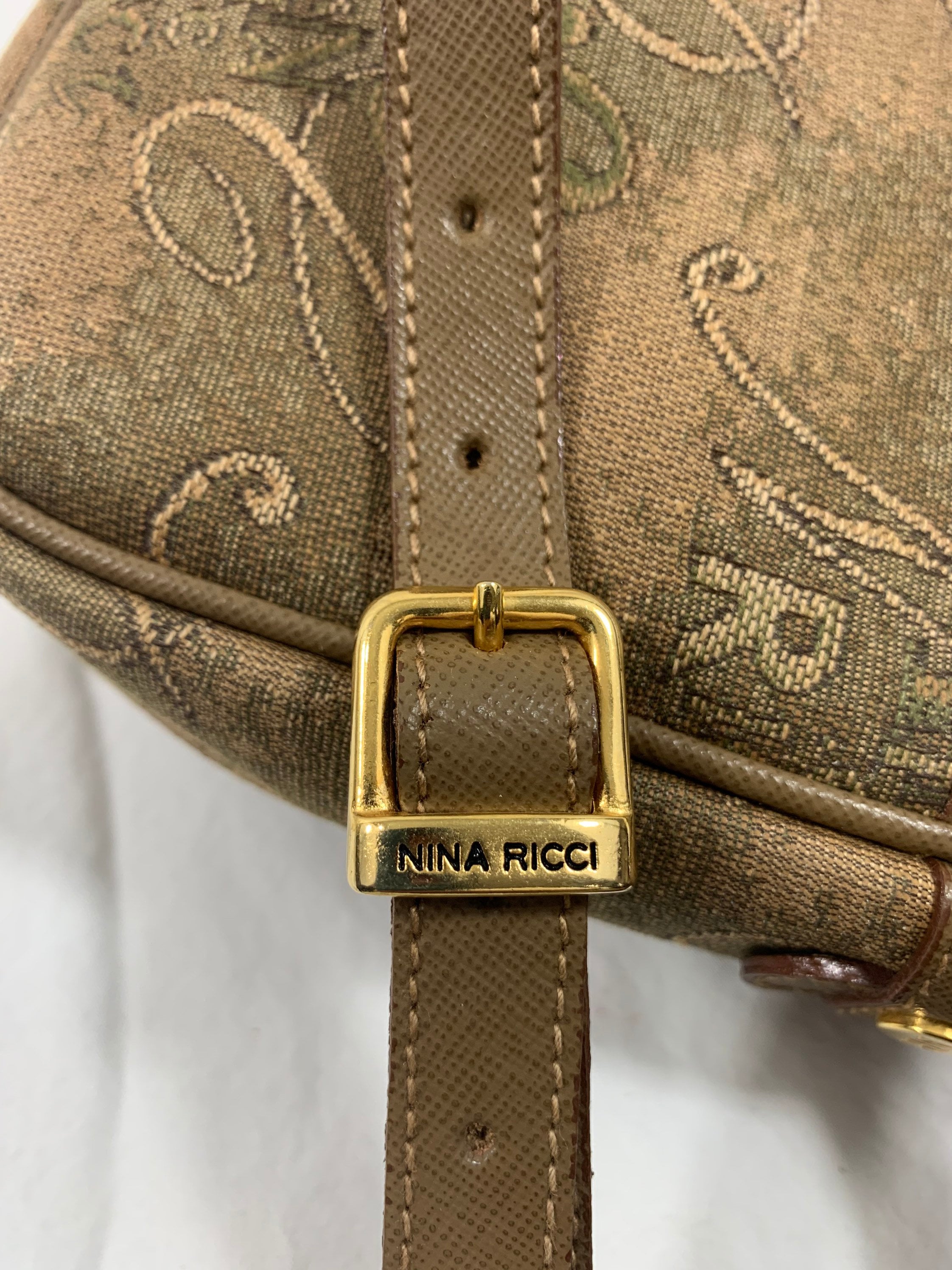 Vintage Nina Ricci Taupe Olive Leather Signature Logo Shoulder Bag Crossbody, image size:2244x2992