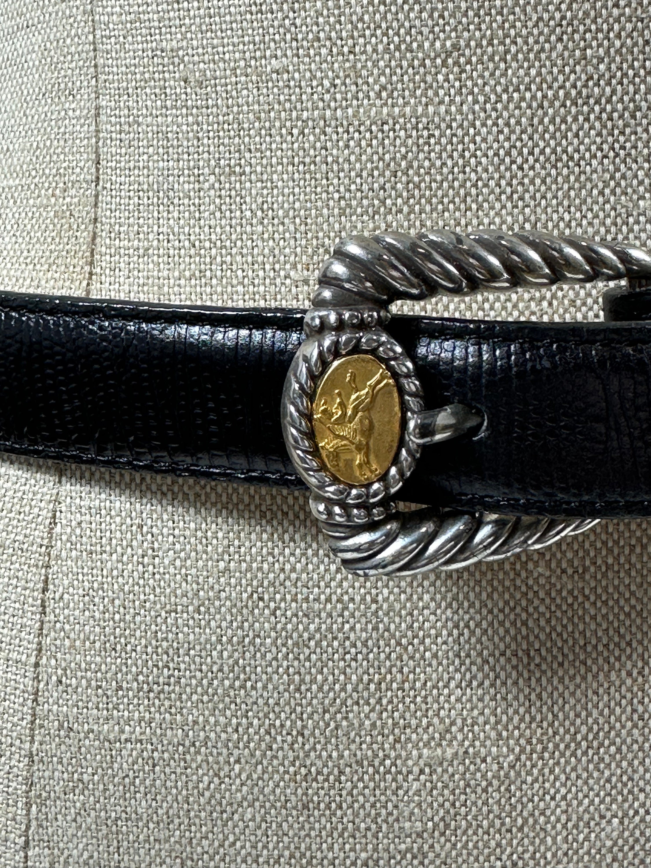 Brighton Black Leather Belt with Reptile Pattern Gold Tone Buckle Size Small Retro Brighton Museum Black Leather Belt With Lizard Pattern  main image 2
