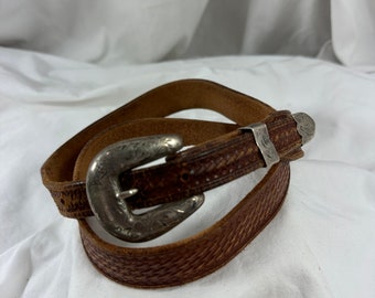 Vintage 3 piece sterling tan western SUNSET TRAILS sterling leather belt medium