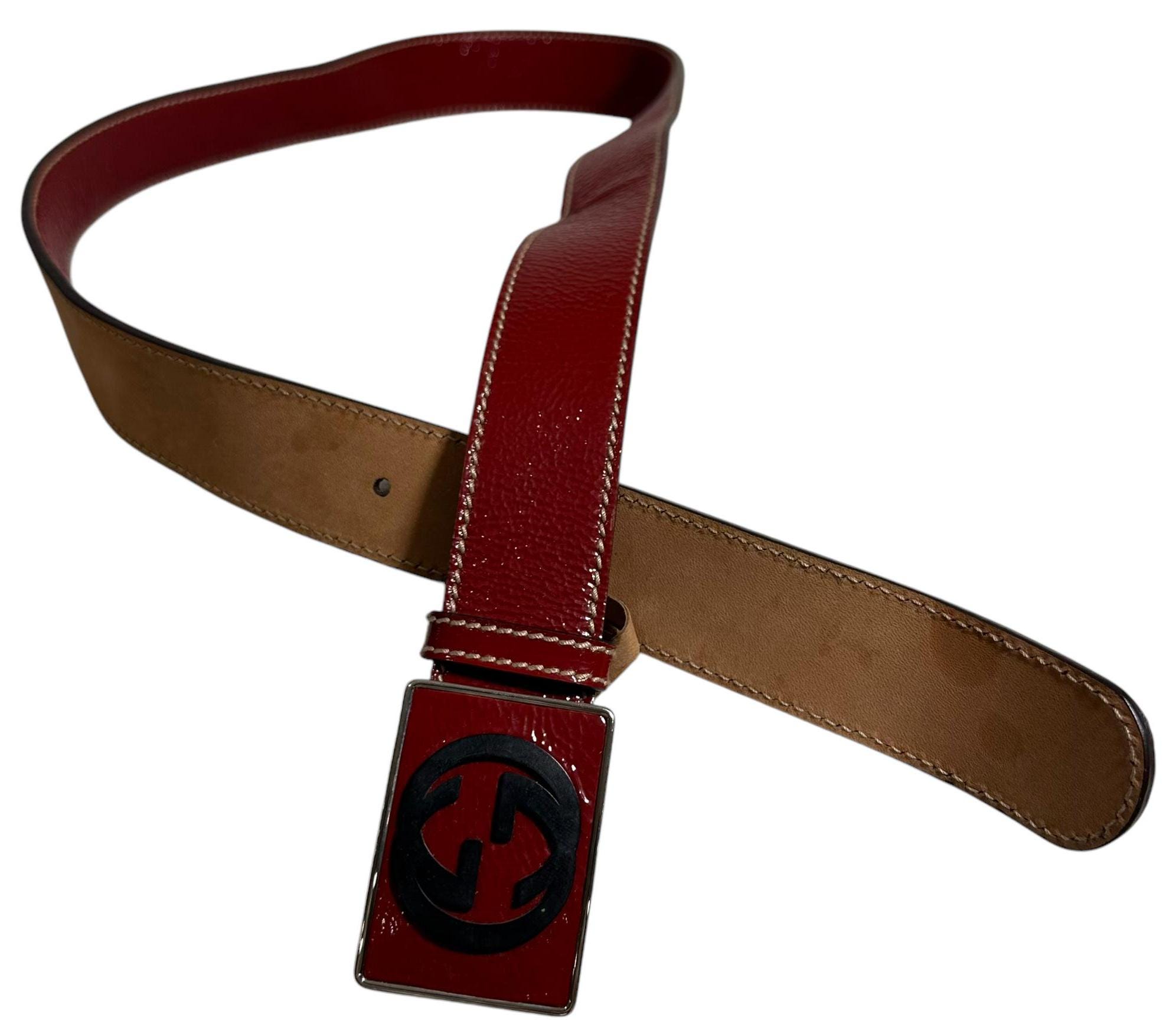 GUCCI Red Patent Leather Black Interlocking G Plaque Buckle Unisex Belt 95/33 GUCCI Red Patent Leather Black Interlocking G Plaque Buckle  main image 2