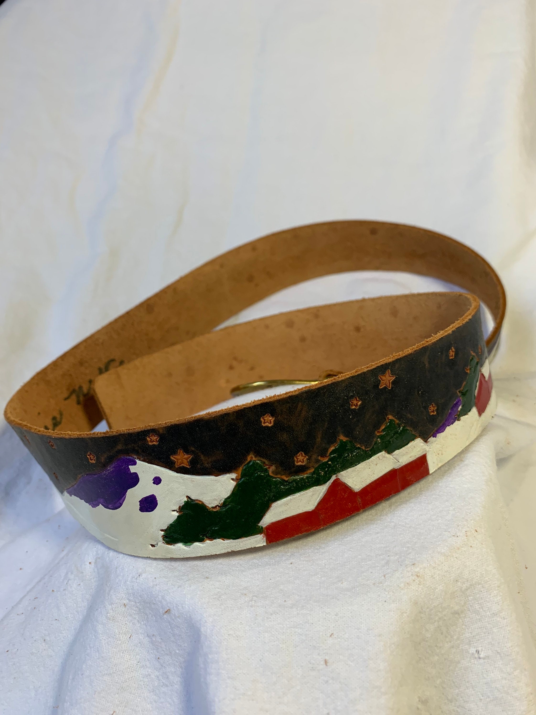 Diane Weiss NYC ski winter leather belt medium Vintage Hand Painted Diane Weiss NYC Ski Winter Leather Belt  main image 4