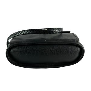 May include: Black leather crossbody bag with a braided strap. The bag has a rounded bottom and a textured surface. The strap is also black and braided. The bag is designed to be worn over the shoulder.