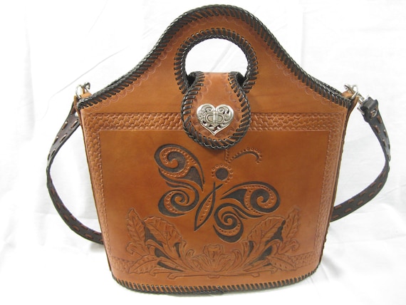 Vintage tan leather tooled stitched structured sh… - image 1