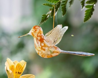 Mouth-blown Orange-marble Glass Hummingbird Ornament - Christmas Tree Gift & Window Decor