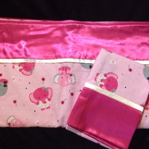 Toddler FLANNEL BLANKET girl 41 x 52 & Standard twin Pillowcase 20x 30 Pink ELEPHANTS Satin Trim,Handmade set baby, child bedding image 1