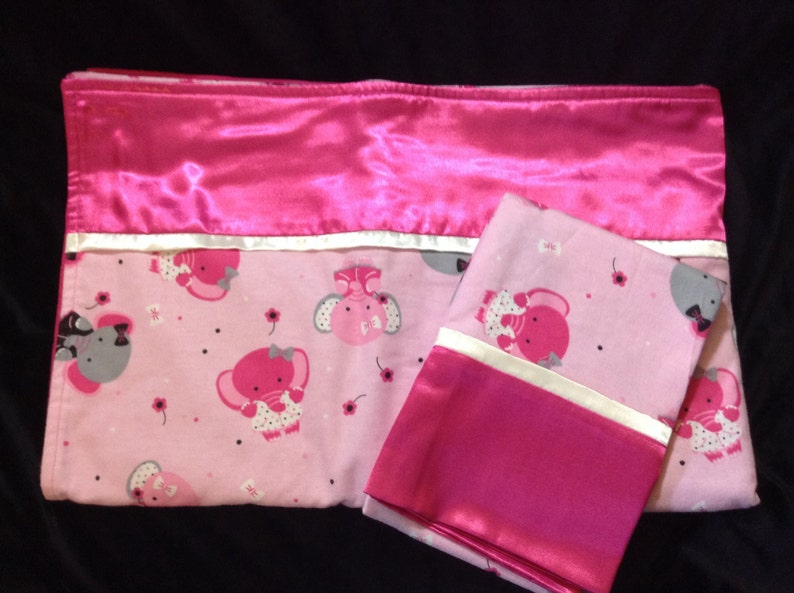 Toddler FLANNEL BLANKET girl 41 x 52 & Standard twin Pillowcase 20x 30 Pink ELEPHANTS Satin Trim,Handmade set baby, child bedding image 1