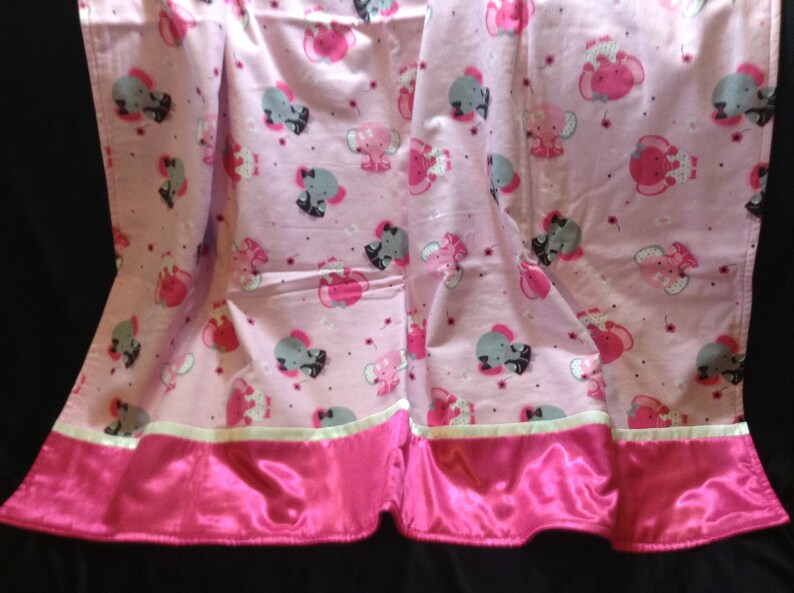 Toddler FLANNEL BLANKET girl 41 x 52 & Standard twin Pillowcase 20x 30 Pink ELEPHANTS Satin Trim,Handmade set baby, child bedding image 2