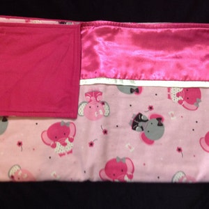 Toddler FLANNEL BLANKET girl 41 x 52 & Standard twin Pillowcase 20x 30 Pink ELEPHANTS Satin Trim,Handmade set baby, child bedding image 3
