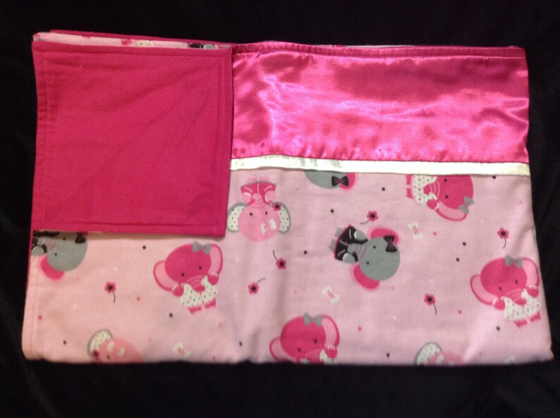 Toddler FLANNEL BLANKET girl 41 x 52 & Standard twin Pillowcase 20x 30 Pink ELEPHANTS Satin Trim,Handmade set baby, child bedding image 3