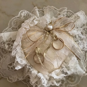 Satin and Lace Heart Bridal Ring Pillow, Gold Cushion and Ribbon w/ White Lace and Embellished with Cabochon Faux Pearl, Handmade, Vintage