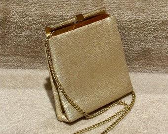Gold Metallic Lamé Purse, Clutch or Handbag w/ Inside Pocket and Chain Shoulder Handle or Strap, Vintage