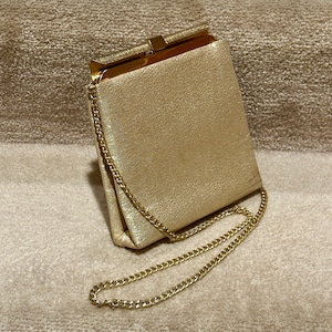 Gold Metallic Lamé Purse, Clutch or Handbag w/ Inside Pocket and Chain Shoulder Handle or Strap, Vintage