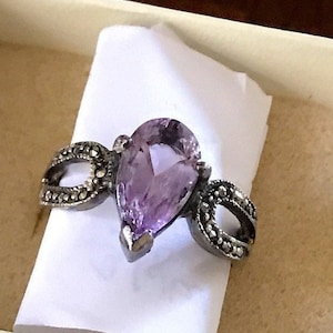 Amethyst and Marcasite Ring, Pear or Teardrop Shape, 925 Sterling Silver Shank, Art Nouveau, Size 8, 1990s