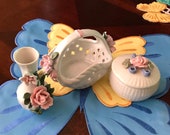 Three (3) Vintage Porcelain Ceramic Basket, Vase and Box