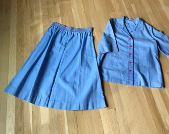 Blouse & Matching Midi Skirt Set, Blue Denim / Chambray, Skirt w/ Elastic Waist, by Nancy Reynolds Fashion Finds, Sz L / 14, 1970