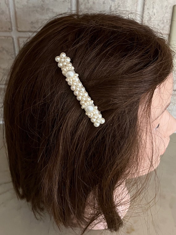 2 White Pearl Barrettes on Silver Tone Hair Clips… - image 6