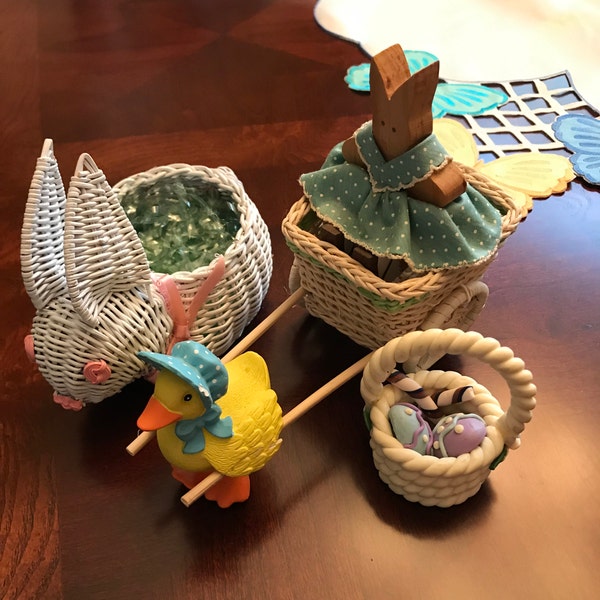 Collection of Wicker, Bunny Rabbit Basket, Bunny Riding in Wicker Cart Pulled by Dora Duck and a Resin Basket w/ Eggs, Vintage 1980s