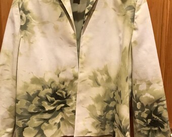 Green Floral on Off White, Long Sleeve, Dress Suit Blazer Jacket, Lined, Never Worn, Size 16, from Draper's & Damon's, 1990s