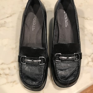 Loafers, Slip-ons, Sandals or Shoes with 1 5/8 Inch Heels, Black Leather w/ Buckle for Dress or Casual, Size 8, by Aerosoles, Vintage