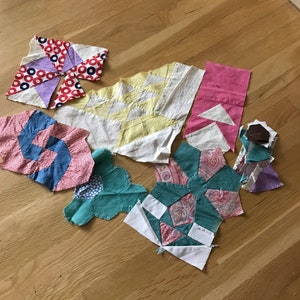 Lot of Multi-Color, Unfinished Remnant Cotton Quilt Block Pieces, 1930s 1940s 1950s