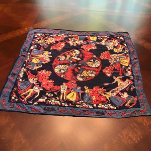 Square Neck or Head Scarf in Blue, Red and Yellow Silk, Victorian Floral, 20&quot; by 18.5&quot;,  Cute, Traditional Vintage Retro 1940s, Gift
