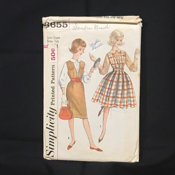 Blouse, Jumper with Two Skirts and Belt Clothes Pattern, Sub-Teen, Junior Girl or Woman, Size 12s, by Simplicity 3655, Vintage Retro 1960s