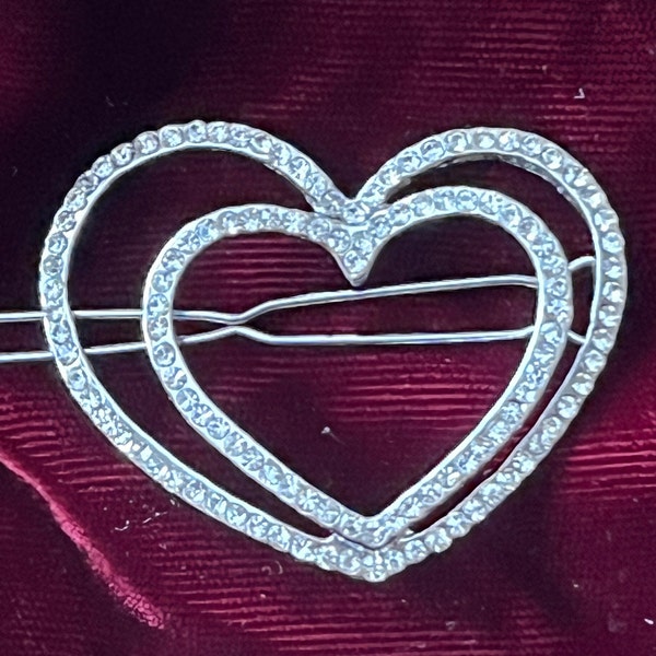 Hair Clip or Barrette with Silver Tone, Crystal Encrusted Double Hearts for Gift, Prom, Formal Event, Dance or Wedding, Vintage 1990s