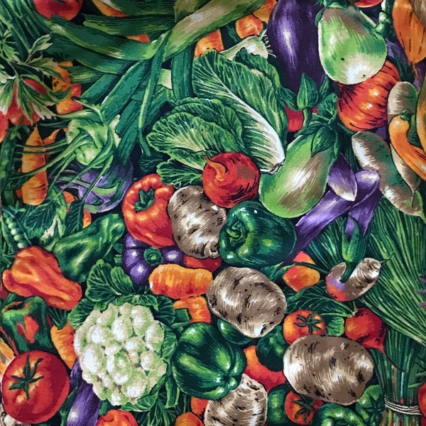 3.1 Yards, 75" L by 45" W Green, Orange, Purple & Red Vegtables / Veggies Cotton Remnant Fabric Material, by Cranston VIP, 1980s table cloth