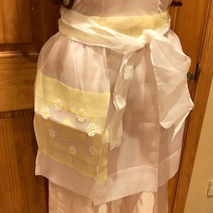 White w/ Yellow Polyester Waist, Half or Cafe Apron w/ Pocket and Daisy Like Flowers, Mid Century, by Kay Shannon, Vintage 1980s