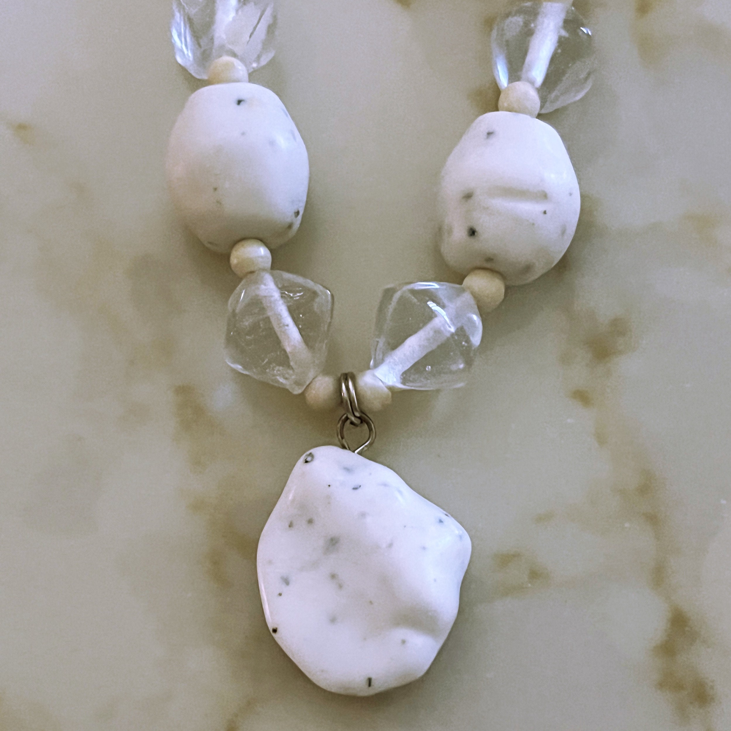 Necklace W/ Speckled White and Black Stone Beads and Clear