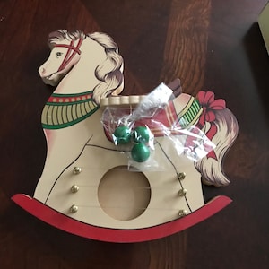 Wooden Rocking Horse Door Chime or Harp, White w/ Red and Green Trim, Vintage, Gift Idea