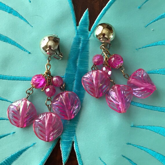 Buy Pink and Gold Clip on Dangle Earrings Lucite Plastic, Vintage