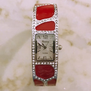 Watch or Cuff Bracelet, Red w/ Crystal Sets, 7 3/8 Inches Circumference Size, Quartz Movement, by Geneva, Vintage Retro 1990s