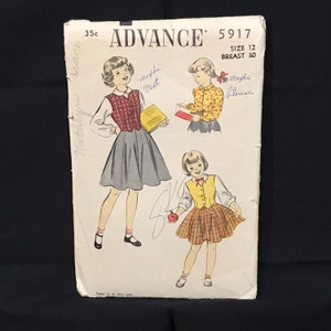 Girl Blouse, Weskit / Vest and Skirt Pattern, Size 12 Breast 30, by Advance 5917, Vintage Retro 1950s 1960s