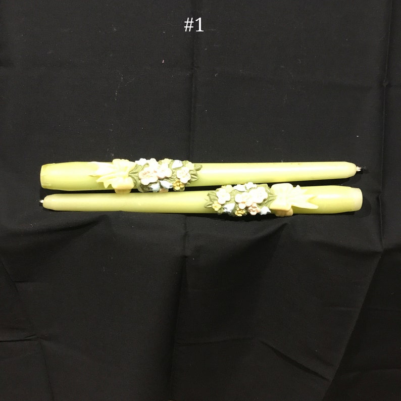Choice Taper Candles in Green, Cream / White & Pink Floral, Fragrant Decorative, Vintage 1970s Item #1